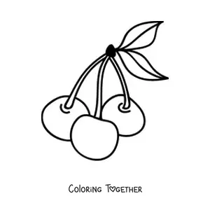 Coloring page of three cherries with leaves
