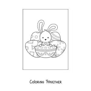 Coloring page of a kawaii bunny with Easter eggs