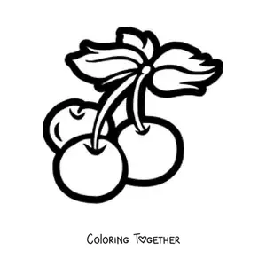 Coloring page of three cherries with leaves