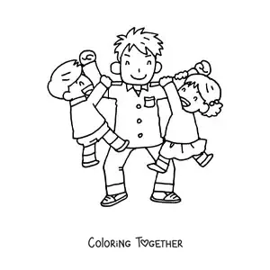 Coloring page of a dad playing with his children