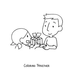Coloring page of a girl giving a gift to her dad on his day