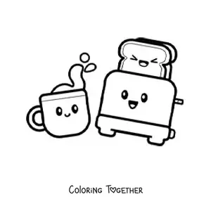Coloring page of a cute kawaii coffee and toast breakfast