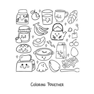 Coloring page of cute kawaii breakfast foods