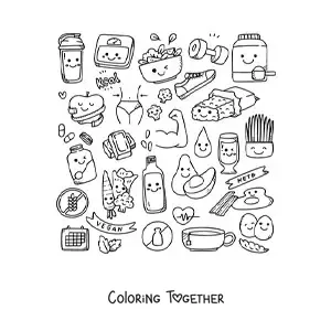 Coloring page of cute kawaii healthy foods