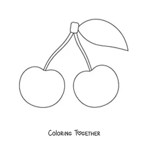 Coloring page of two cherries with a leaf