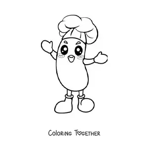 Coloring page of a cute kawaii sausage with a chef hat