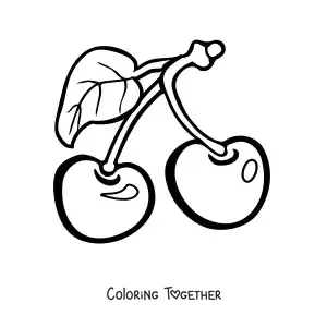 Coloring page of two cherries with a leaf