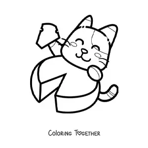 Coloring page of a cartoon cat eating cheese