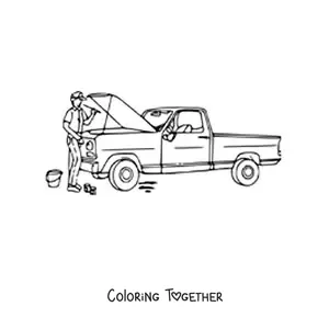 Coloring page of a mechanic repairing a pickup truck with the hood open