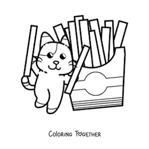 Coloring page of a cartoon cat with french fries