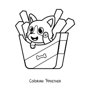 Coloring page of a cute kawaii cartoon dog with french fries