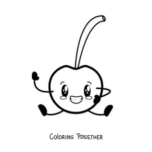 Coloring page of a cartoon cherry sitting and smiling