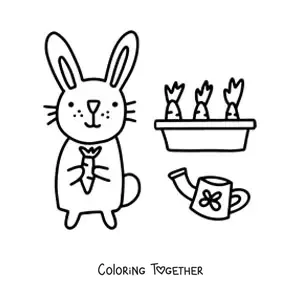 Coloring page of a kawaii rabbit with a carrot garden