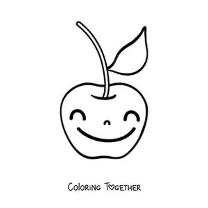 Coloring page of a cartoon cherry with a big smile and a leaf