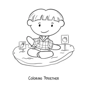 Coloring page of a boy planting a tomato and a carrot