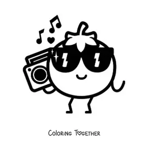 Coloring page of a cartoon tomato with glasses