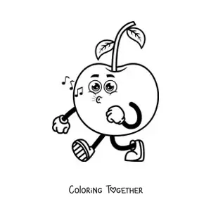 Coloring page of a cartoon cherry walking and whistling