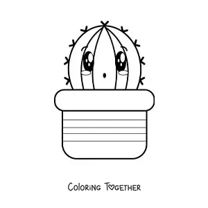 Coloring page of a big cute kawaii cactus in a pot