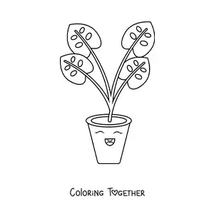 Coloring page of a cute kawaii cartoon plant with big leaves in a pot