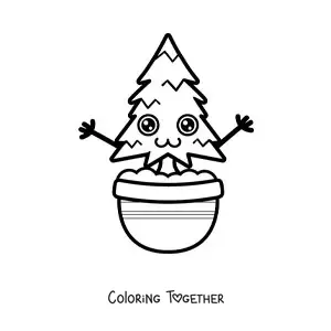Coloring page of an easy cute kawaii pine tree in a pot
