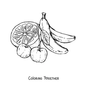 Coloring page of two cherries with an orange and bananas behind them
