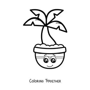 Coloring page of a kawaii cartoon palm tree in a pot