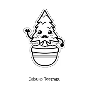 Coloring page of a kawaii cartoon pine tree with a mustache in a pot