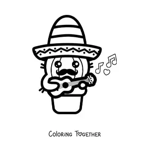 Coloring page of a kawaii cactus with a Mexican hat
