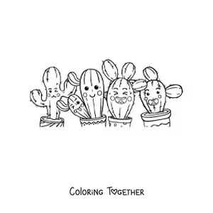 Coloring page of cute cartoon cacti together