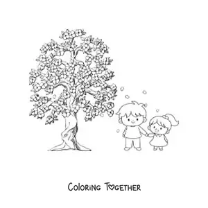 Coloring page of children and a cherry blossom tree