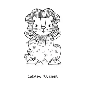 Coloring page of a bush and a cartoon lion
