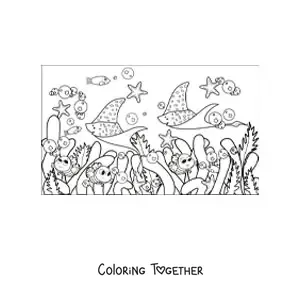 Coloring page of seaweed and cartoon fish