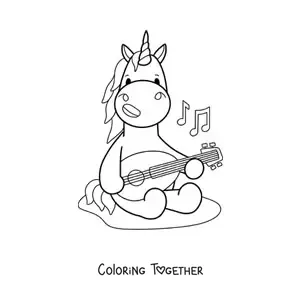 Coloring page of a kawaii unicorn playing a lute
