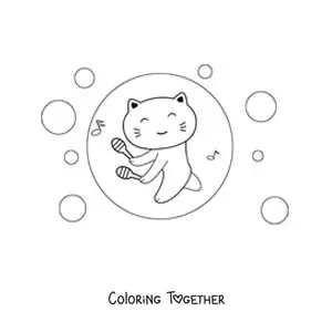 Coloring page of a kawaii cartoon cat playing maracas