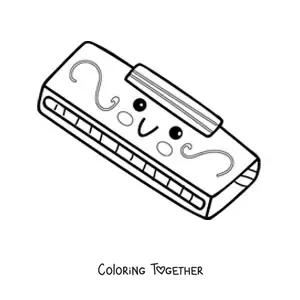 Coloring page of a kawaii cartoon harmonica