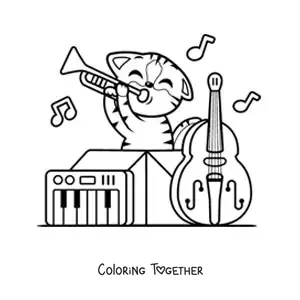 Coloring page of a kawaii cartoon cat playing musical instruments
