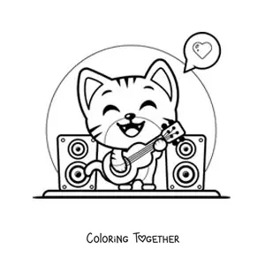 Coloring page of a kawaii cat playing guitar at a concert