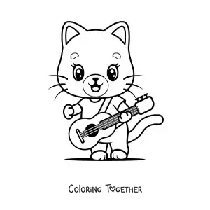 Coloring page of a kawaii cartoon cat playing guitar