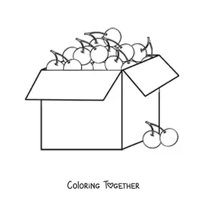 Coloring page of a box full of cherries with two cherries outside