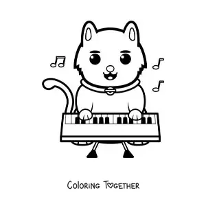 Coloring page of a cartoon cat playing the piano