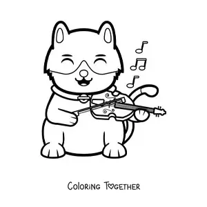 Coloring page of a cartoon cat playing the violin
