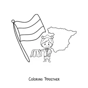 Coloring page of the flag of Spain without the coat of arms with a kawaii bullfighter and a map
