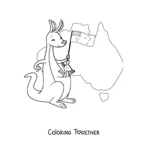 Coloring page of kawaii kangaroos with the flag of Australia and a map