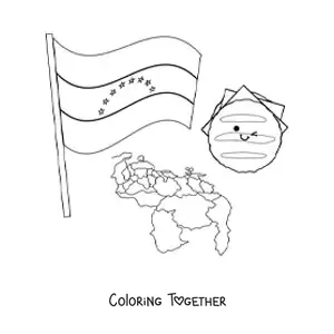 Coloring page of a cartoon arepa with the flag of Venezuela and a map