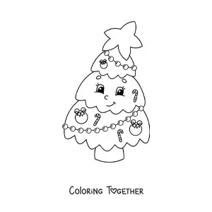 Coloring page of a kawaii cartoon Christmas tree with candy canes