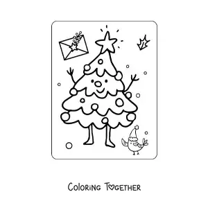 Coloring page of a kawaii cartoon Christmas tree with a star