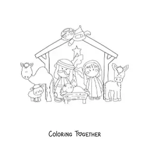 Coloring page of the birth of the baby Jesus in the manger