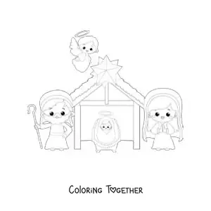 Coloring page of a kawaii Christmas nativity scene