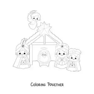 Coloring page of the kawaii three wise men with baby Jesus