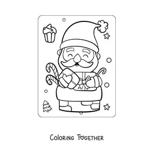 Coloring page of a kawaii Santa Claus in the chimney with gifts